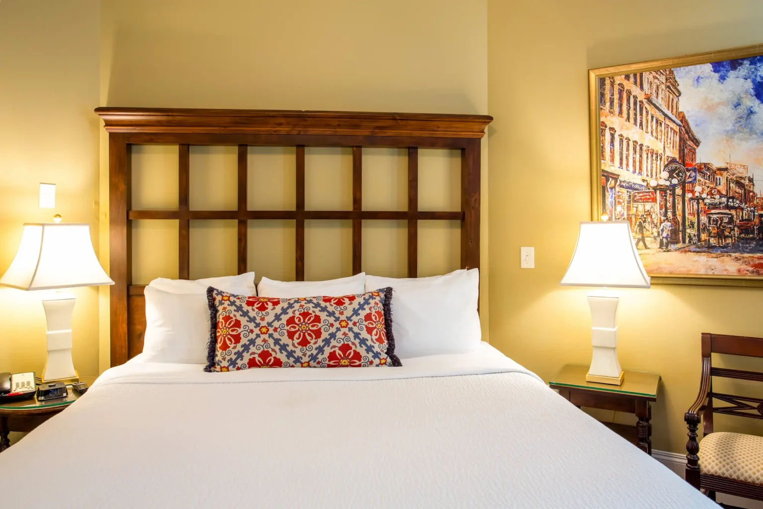 the king bed in an accessible king room at the Marshall House hotel