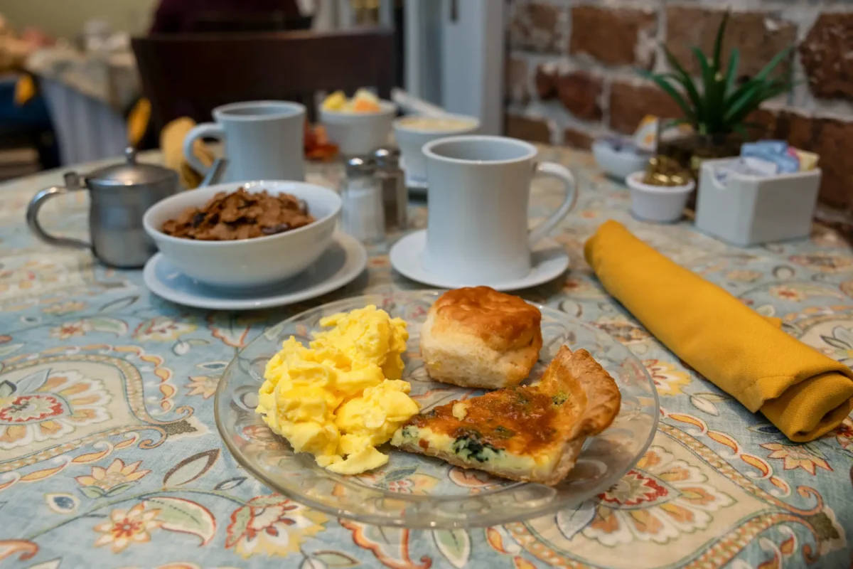 Eggs, quiche, and biscuits for breakfast at the Marshall House hotel in Savannah