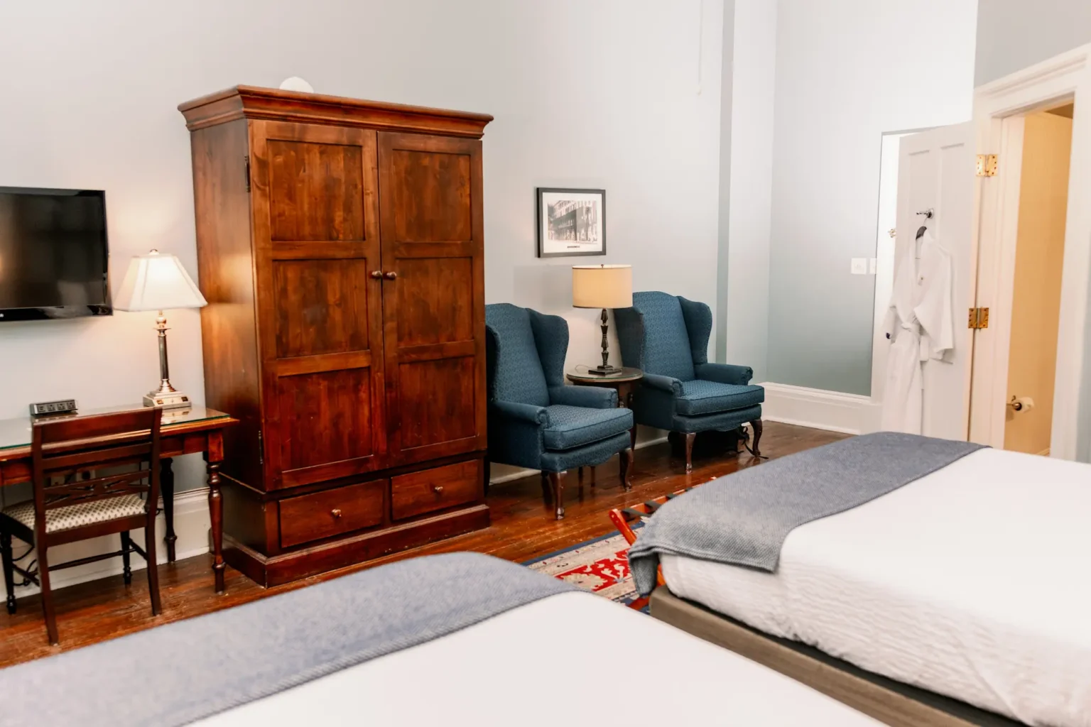 a wide shot of the double queen room at the Marshall House hotel