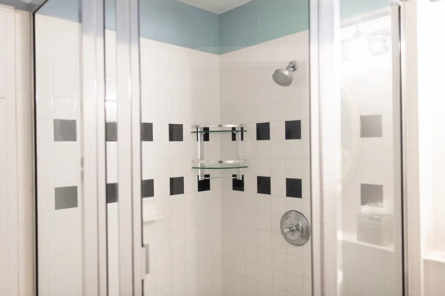 details of the shower in the double queen room at the Marshall House hotel
