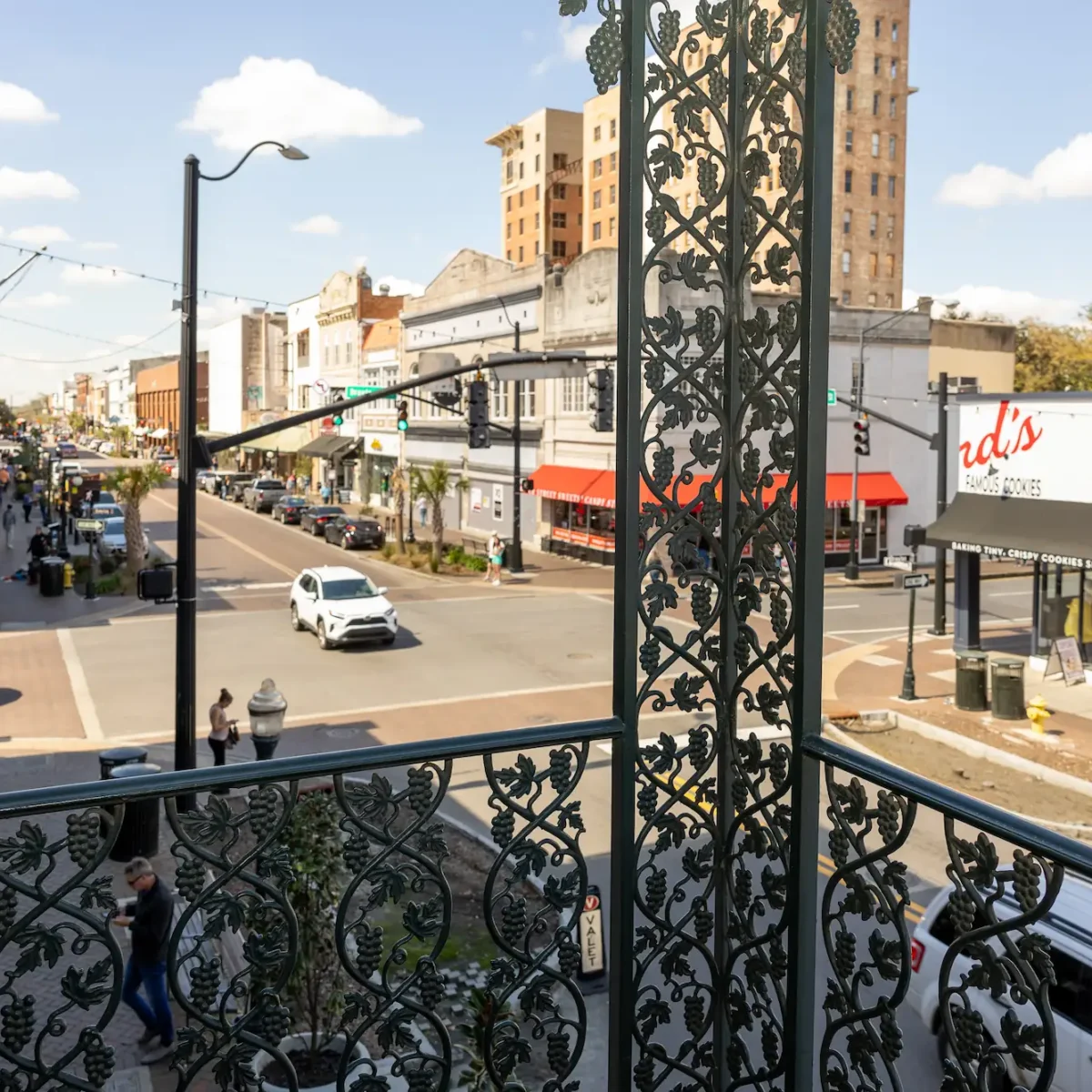 a view of Broughton Street from the veranda at the Marshall House in Savannah Georgia