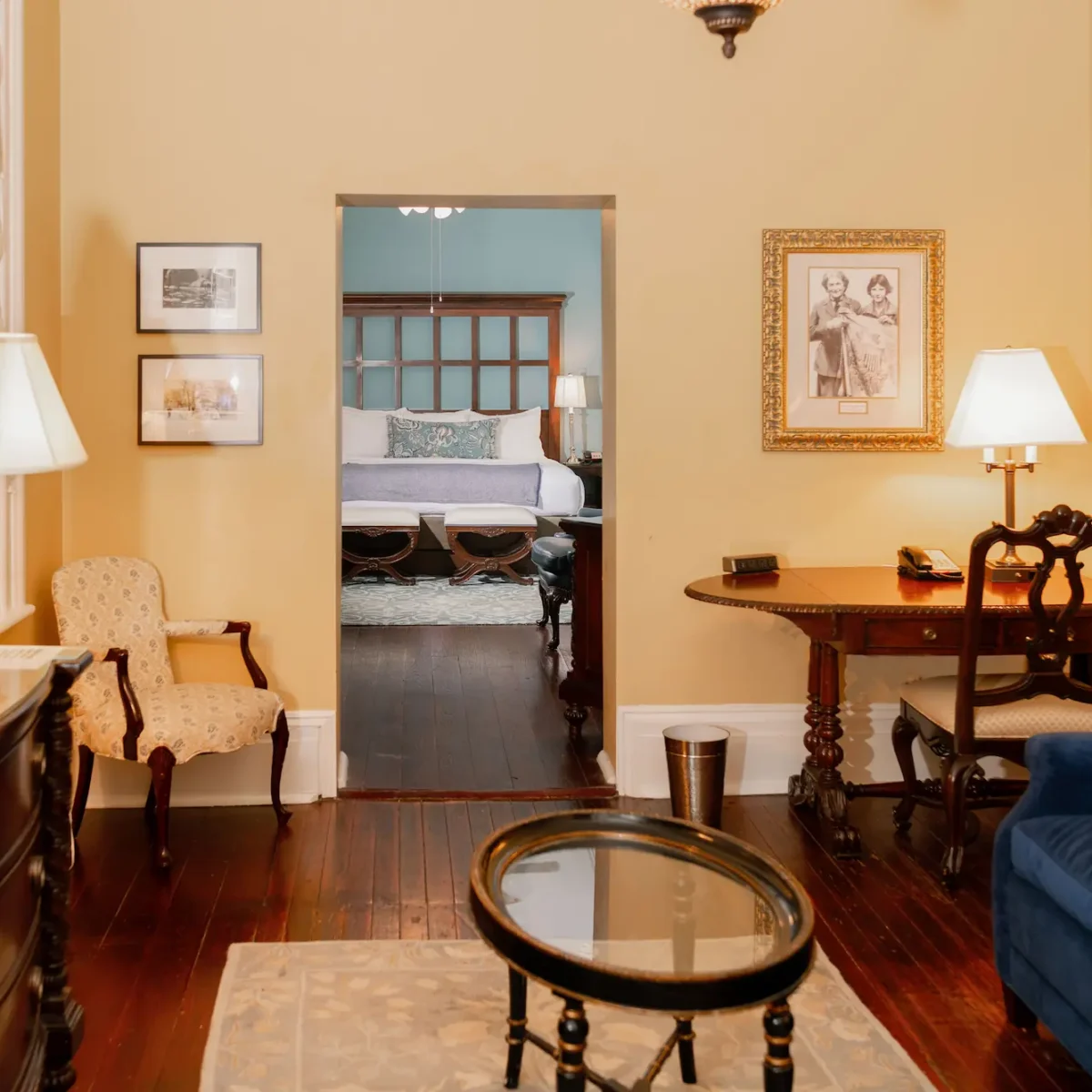a view through the lounge back to the bedroom of the luxury king suite at the Marshall House hotel