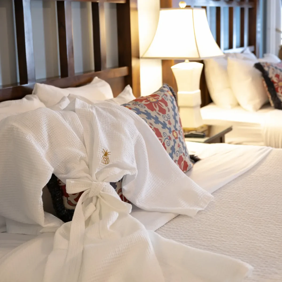 A robe on a guest bed in the Marshall House