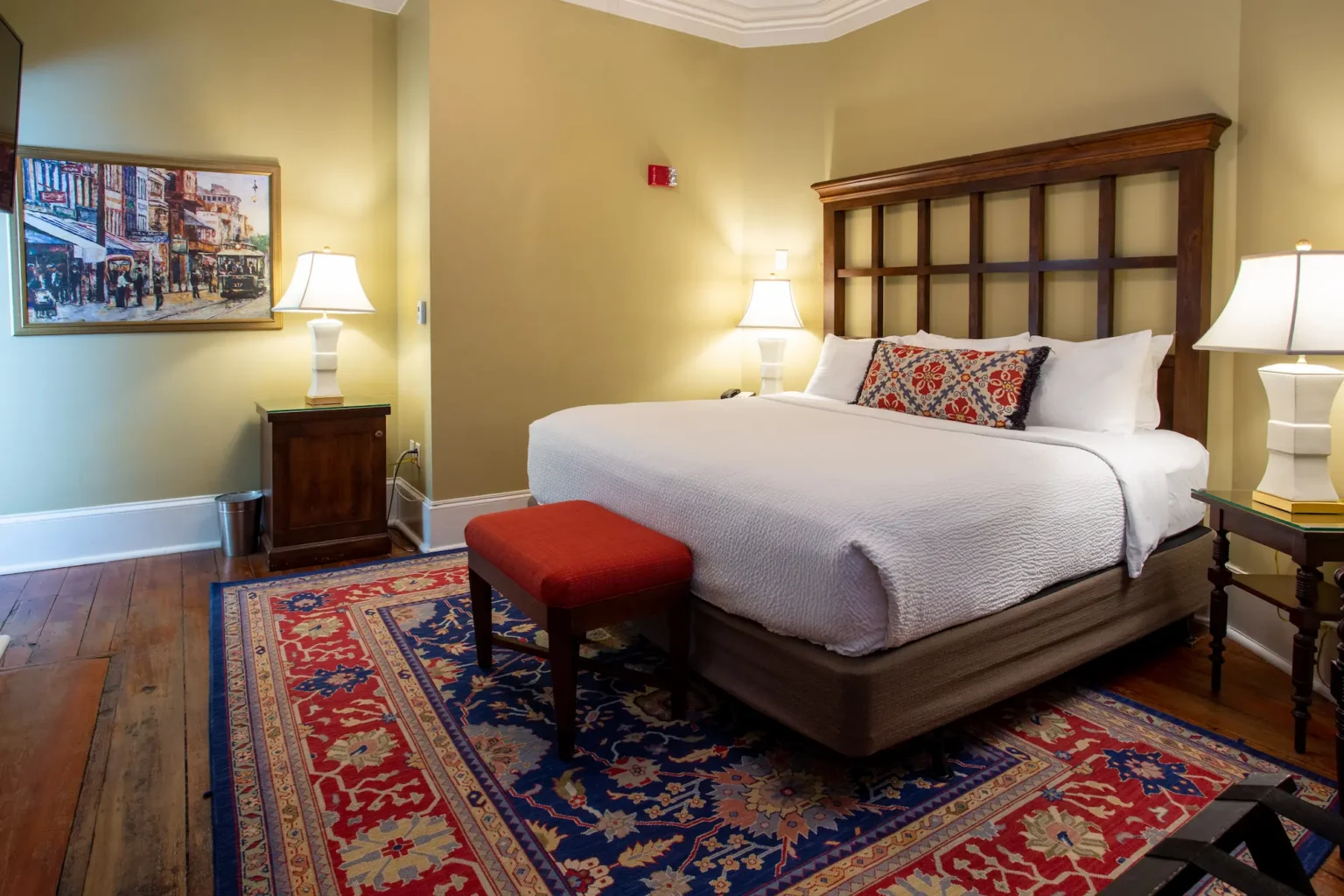 the bed in the superior king room at the Marshall House hotel
