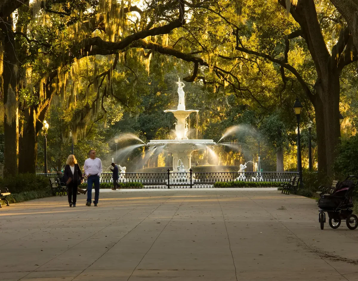 a golden hour shot of Forsyth Park