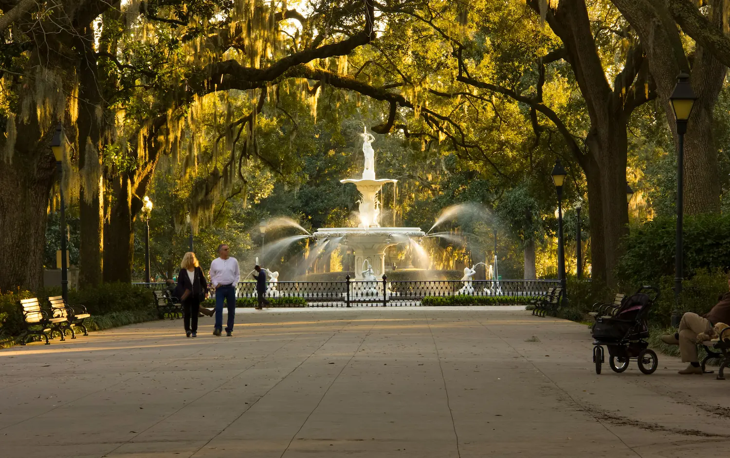 a golden hour shot of Forsyth Park